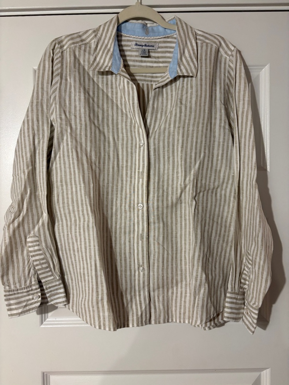 Tommy Bahama Beige & White Striped Linen Button-Up Shirt